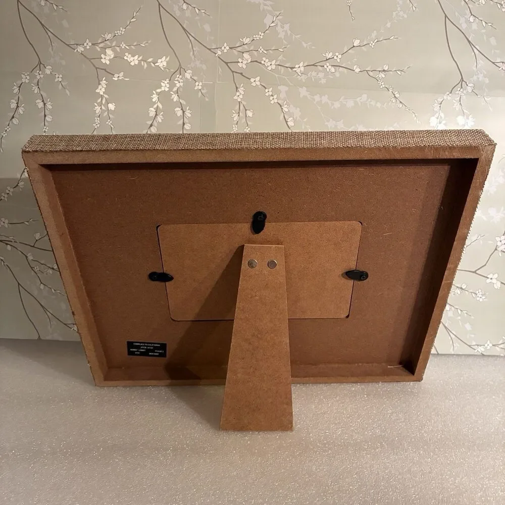 Picture Frame Wrapped In Burlap And Adorned W/ Metal Flowers & Knob. 4”x6” Pic.